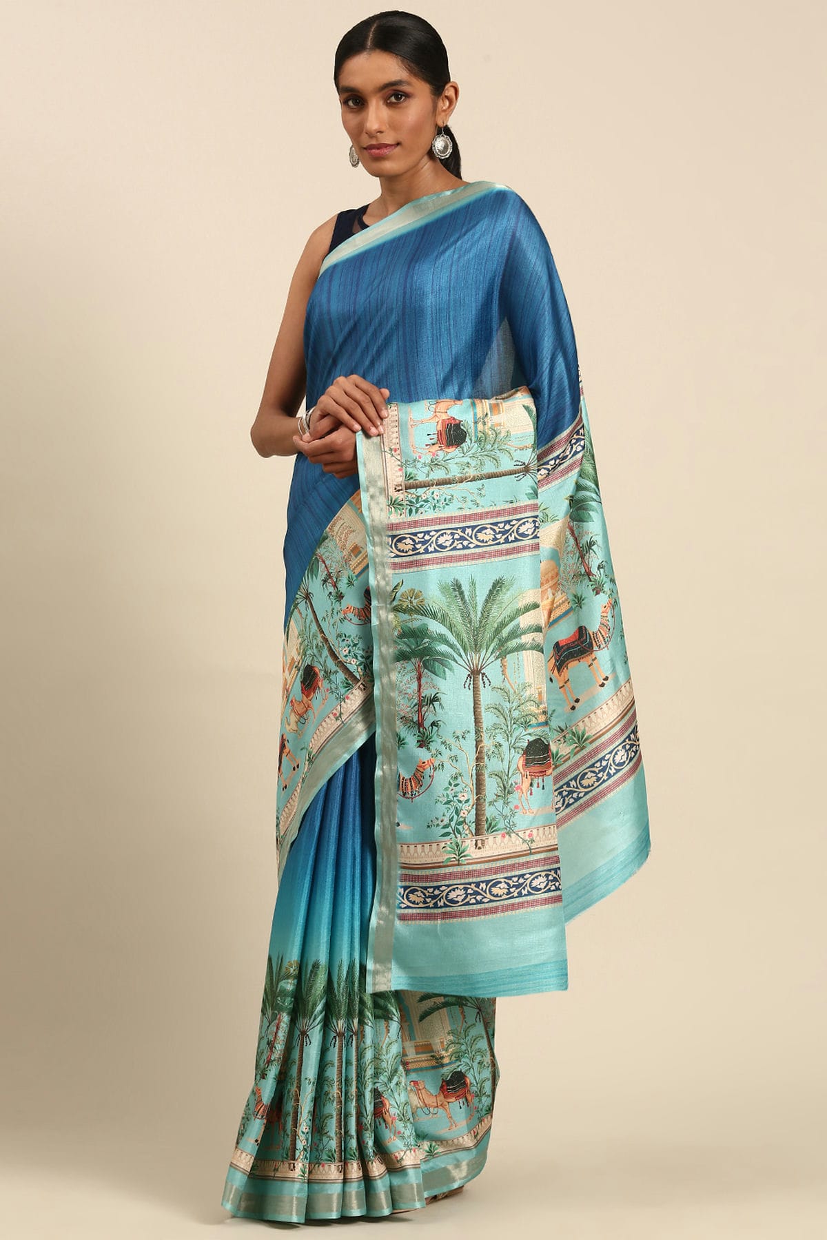 Sky Blue Colour Cotton Digital Printed Printed Saree