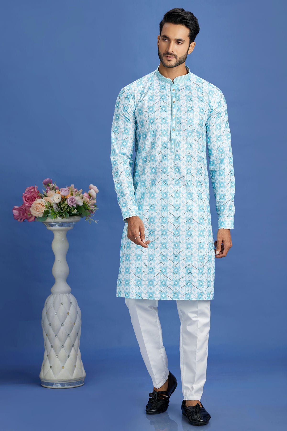 Sky Blue Colour Cotton Pintex Work Kurta Pajama