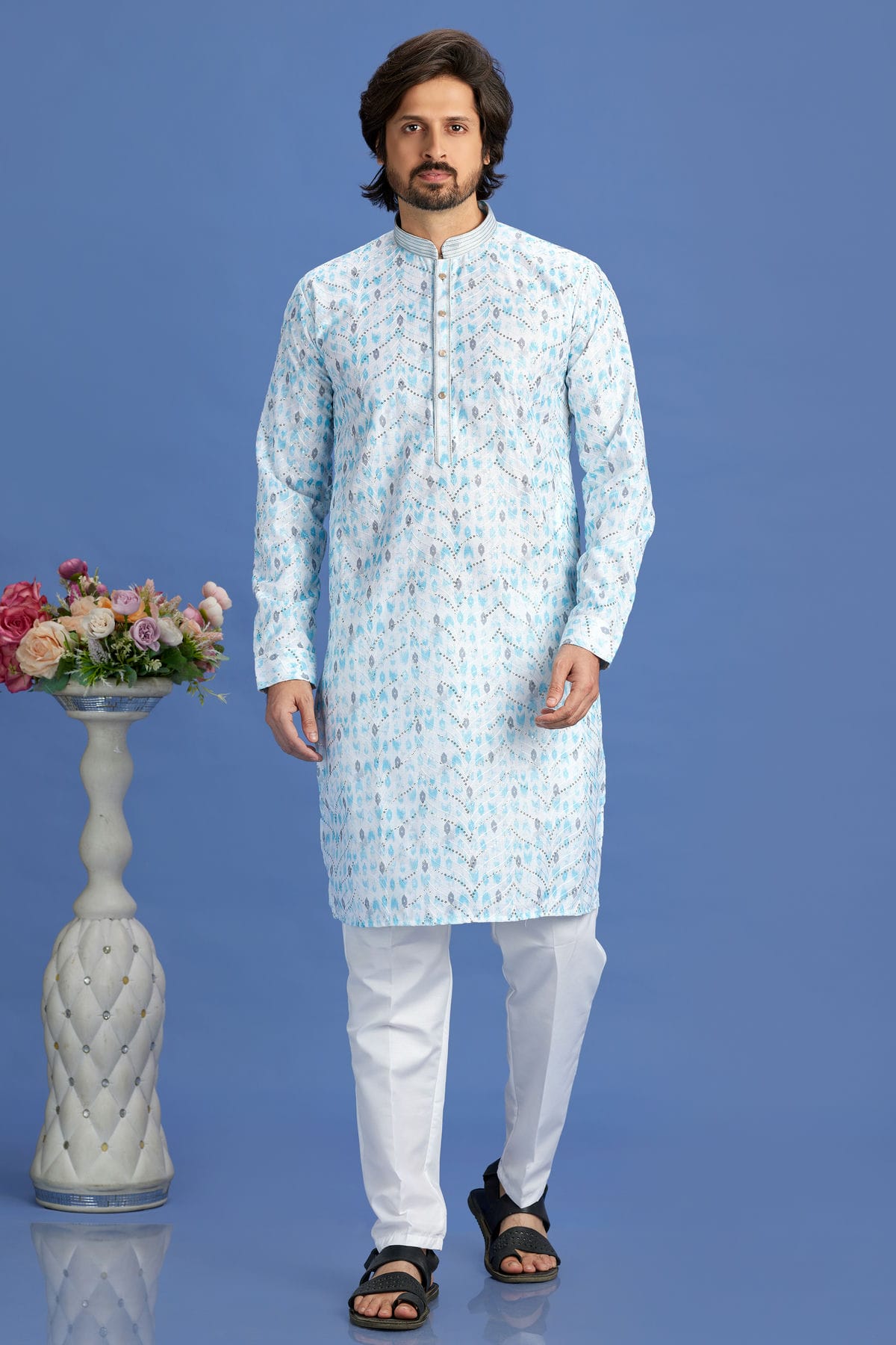 Sky Blue Colour Cotton Pintex Work Kurta Pajama