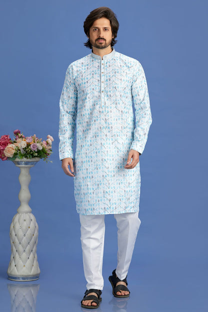 Sky Blue Colour Cotton Pintex Work Kurta Pajama