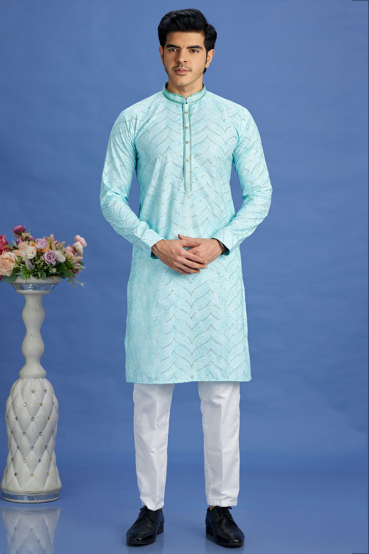Sky Blue Colour Cotton Pintex Work Kurta Pajama VSKP1230158