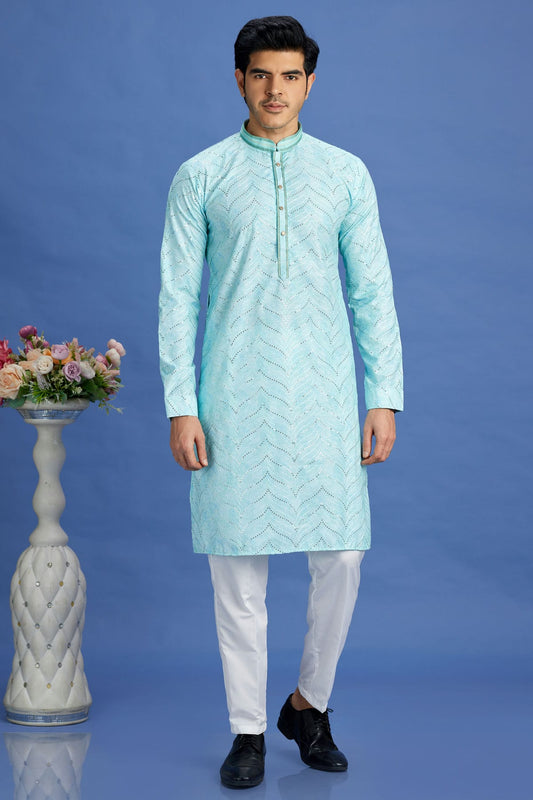 Sky Blue Colour Cotton Pintex Work Kurta Pajama