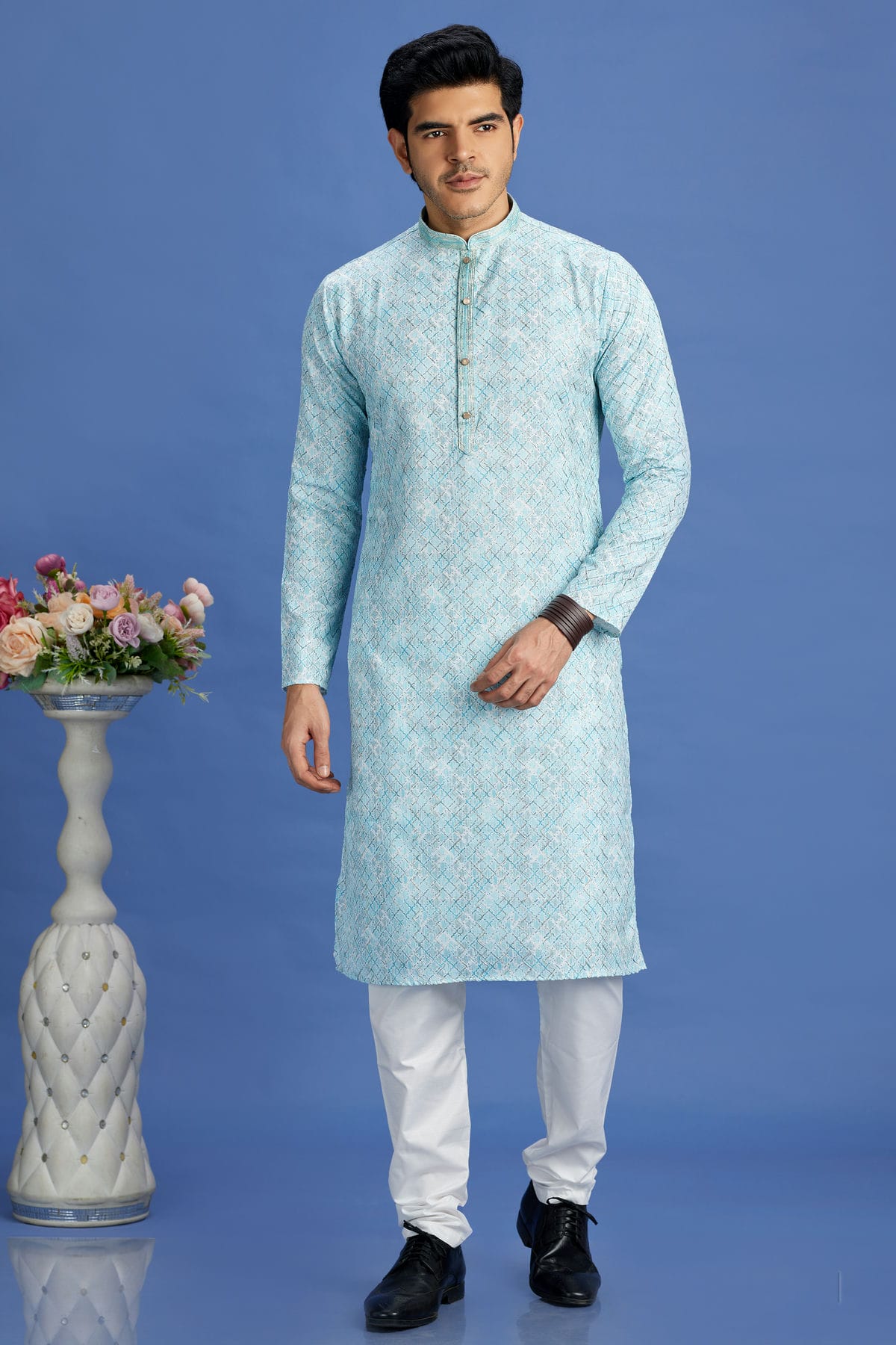 Sky Blue Colour Cotton Pintex Work Kurta Pajama