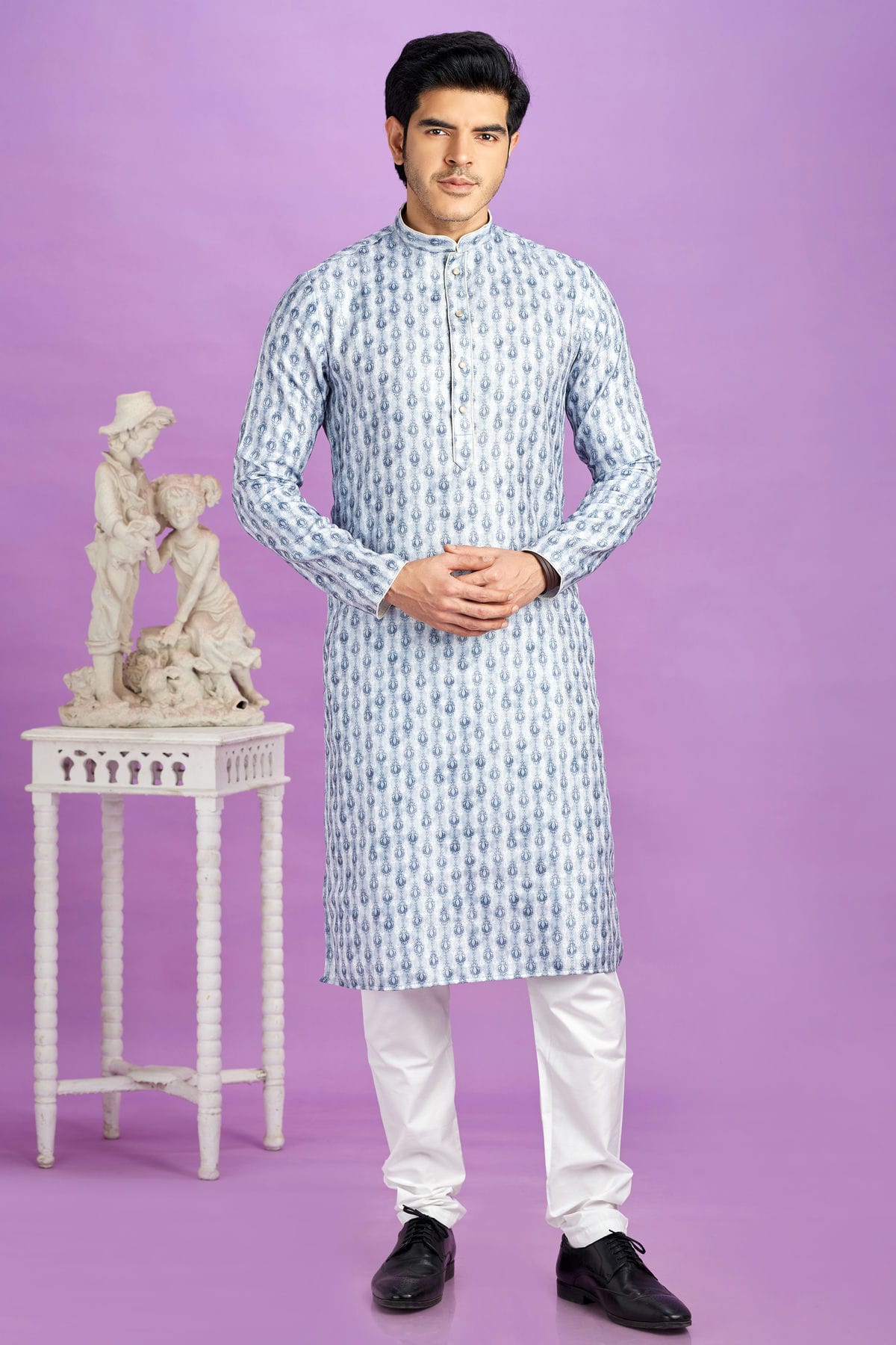 Sky Blue Colour Cotton Pintex Work Kurta Pajama