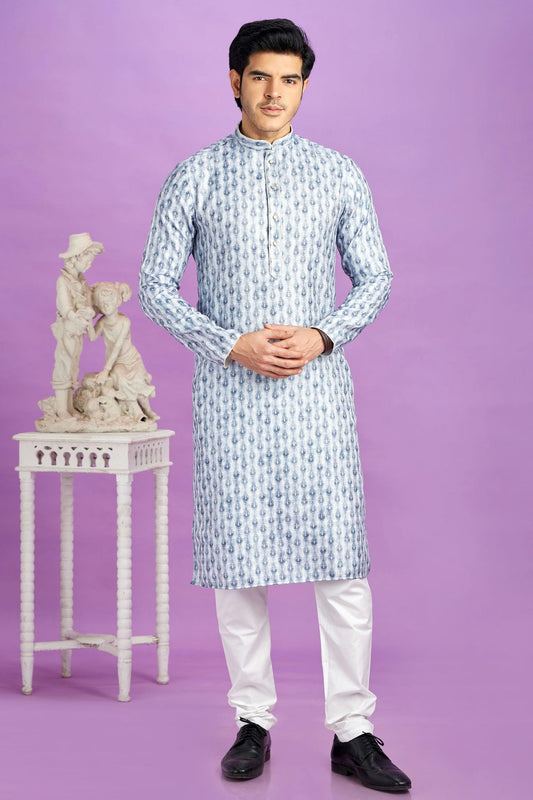 Sky Blue Colour Cotton Pintex Work Kurta Pajama