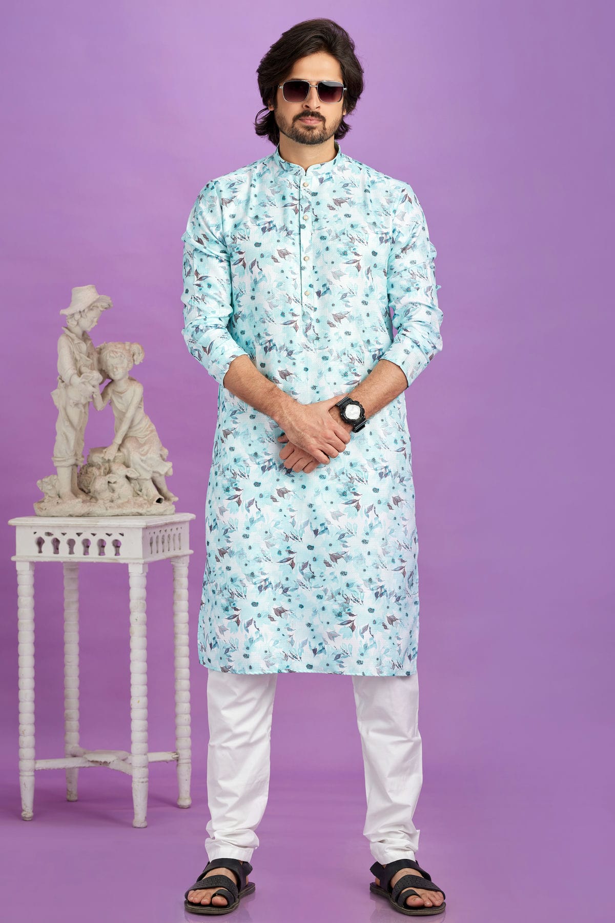 Sky Blue Colour Cotton Pintex Work Kurta Pajama VSKP1230195