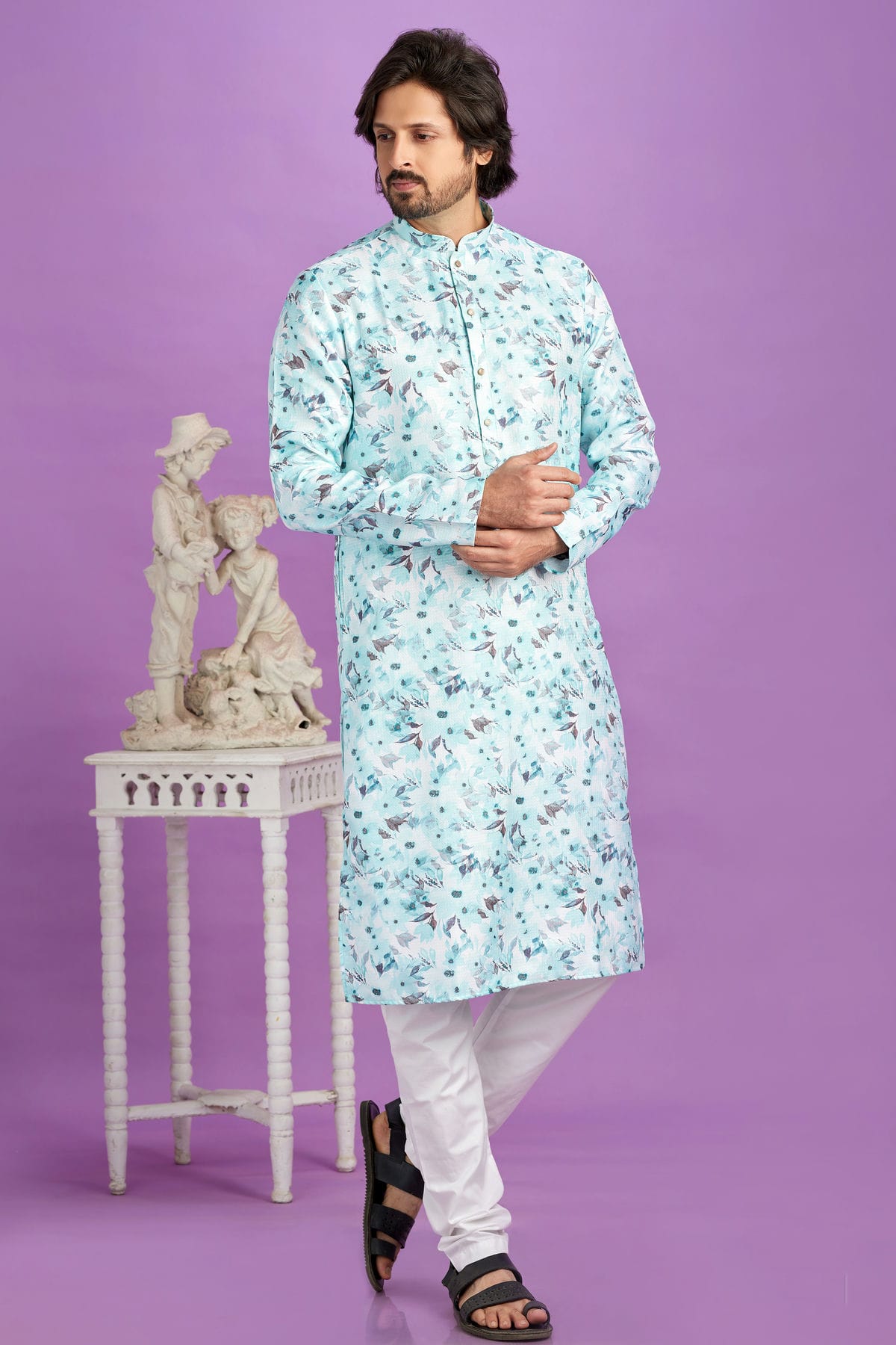 Sky Blue Colour Cotton Pintex Work Kurta Pajama