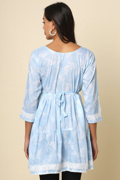 Sky Blue Colour Cotton Printed,Lace Work Work Readymade Top VSTP1110772