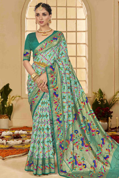 Sky Blue Colour Cotton Silk Ikkat Printed Traditional Saree VSSD1113590