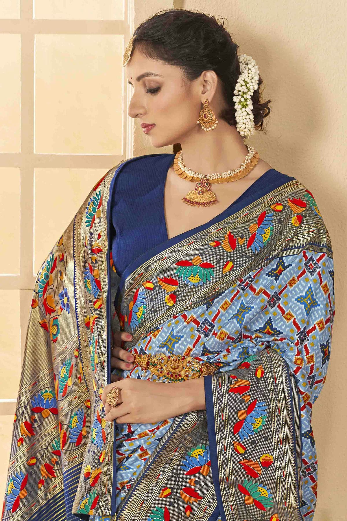 Sky Blue Colour Cotton Silk Ikkat Printed Traditional Saree VSSD1113592