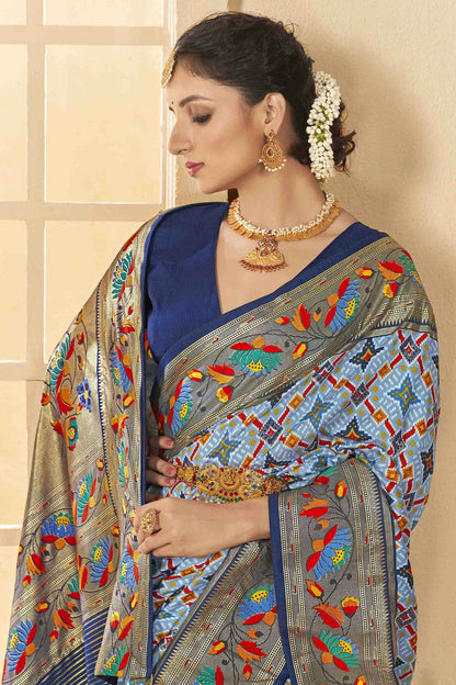 Sky Blue Colour Cotton Silk Ikkat Printed Traditional Saree VSSD1113592