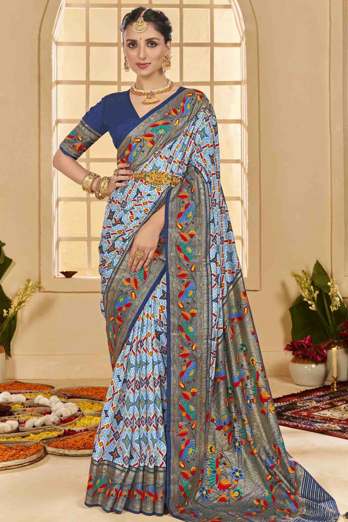 Sky Blue Colour Cotton Silk Ikkat Printed Traditional Saree VSSD1113592