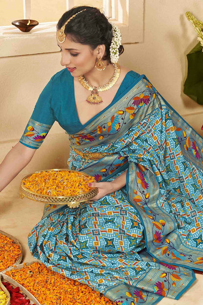 Sky Blue Colour Cotton Silk Ikkat Printed Traditional Saree VSSD1113594