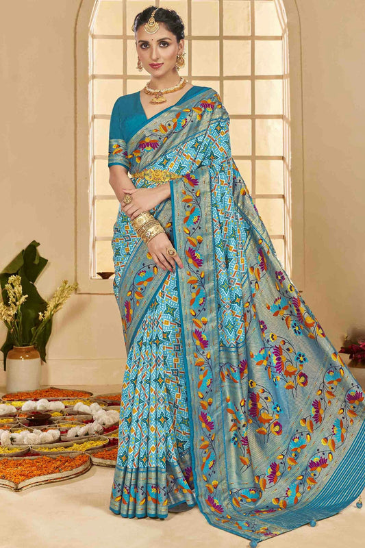 Sky Blue Colour Cotton Silk Ikkat Printed Traditional Saree VSSD1113594