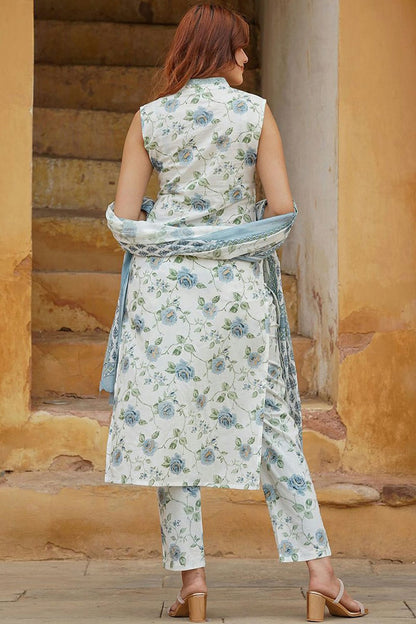 Sky Blue Colour Cotton Slub Stitched Suit