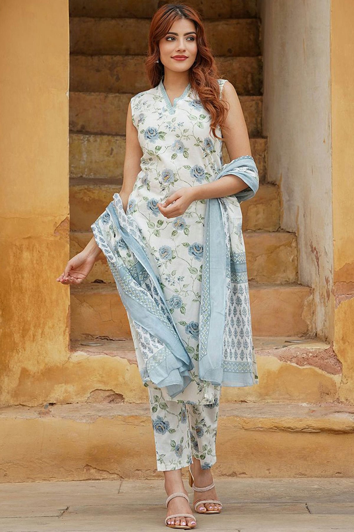 Sky Blue Colour Cotton Slub Stitched Suit