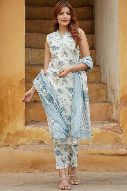 Sky Blue Colour Cotton Slub Stitched Suit