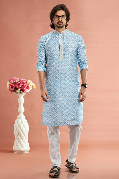 Sky Blue Colour Cotton Thread Work Kurta Pajama VSKP1230168