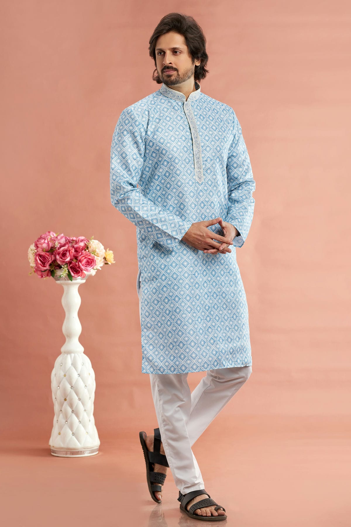 Sky Blue Colour Cotton Thread Work Kurta Pajama