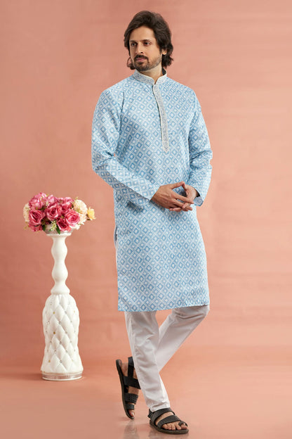 Sky Blue Colour Cotton Thread Work Kurta Pajama