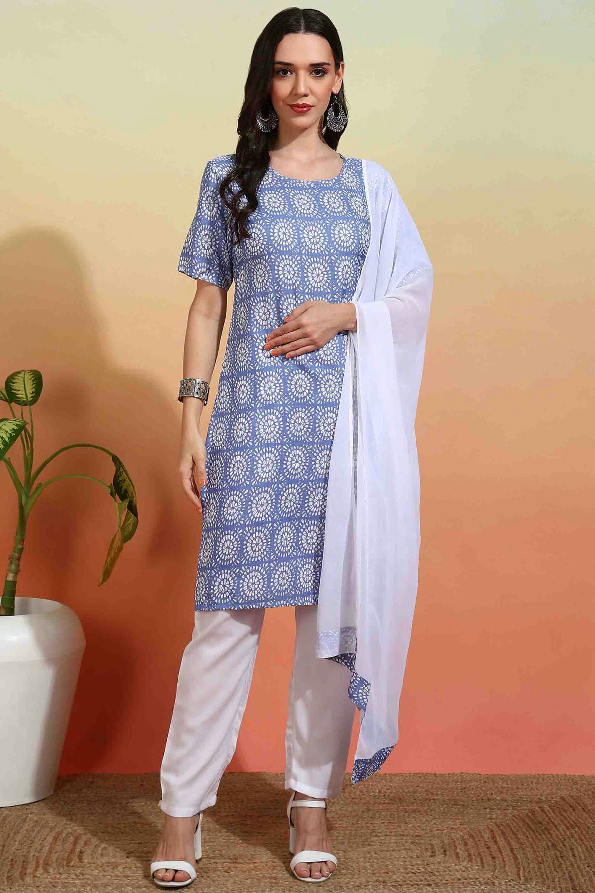 Sky Blue Colour Crepe Printed Pant Style Suit VSSS1113634
