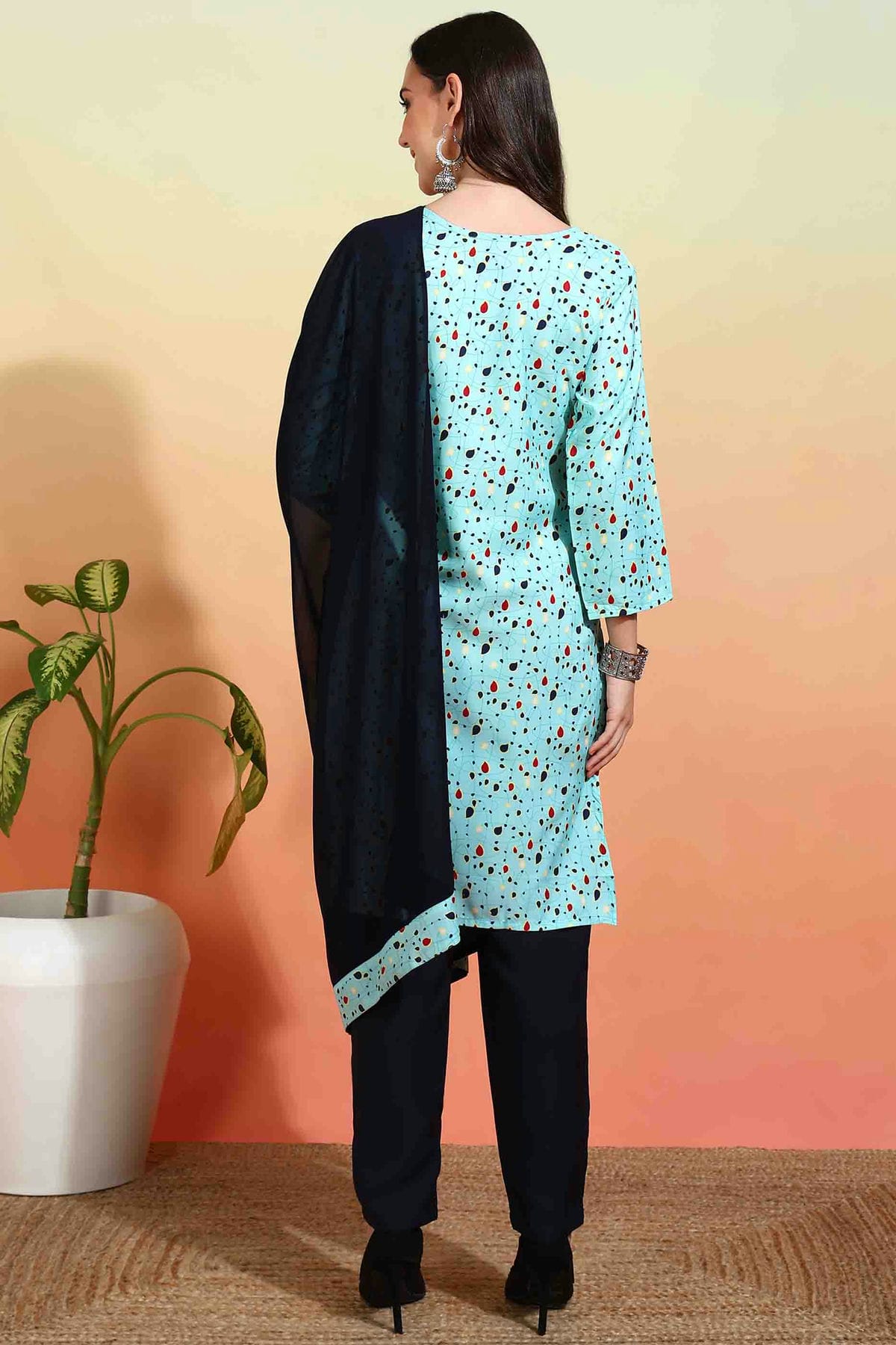 Sky Blue Colour Crepe Printed Pant Style Suit VSSS1113638