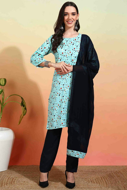 Sky Blue Colour Crepe Printed Pant Style Suit VSSS1113638