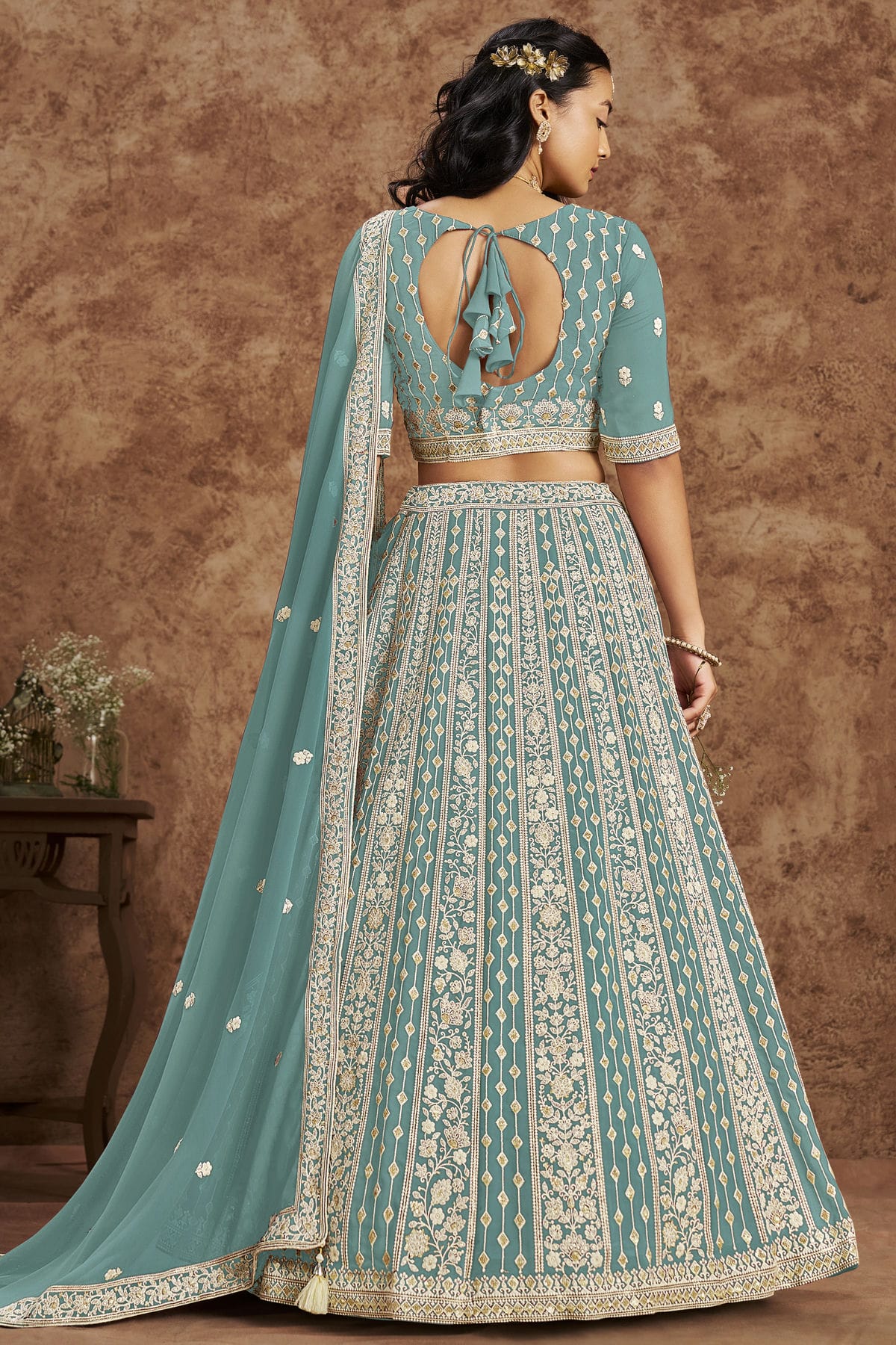 Sky Blue Colour Embroidery Lehenga Choli In Faux Georgette Fabric