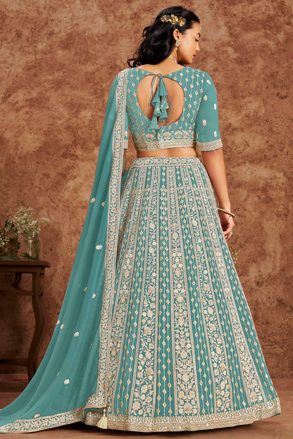 Sky Blue Colour Embroidery Lehenga Choli In Faux Georgette Fabric
