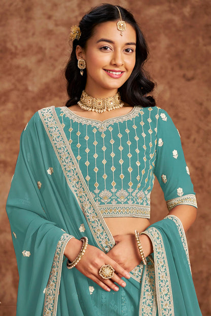 Sky Blue Colour Embroidery Lehenga Choli In Faux Georgette Fabric