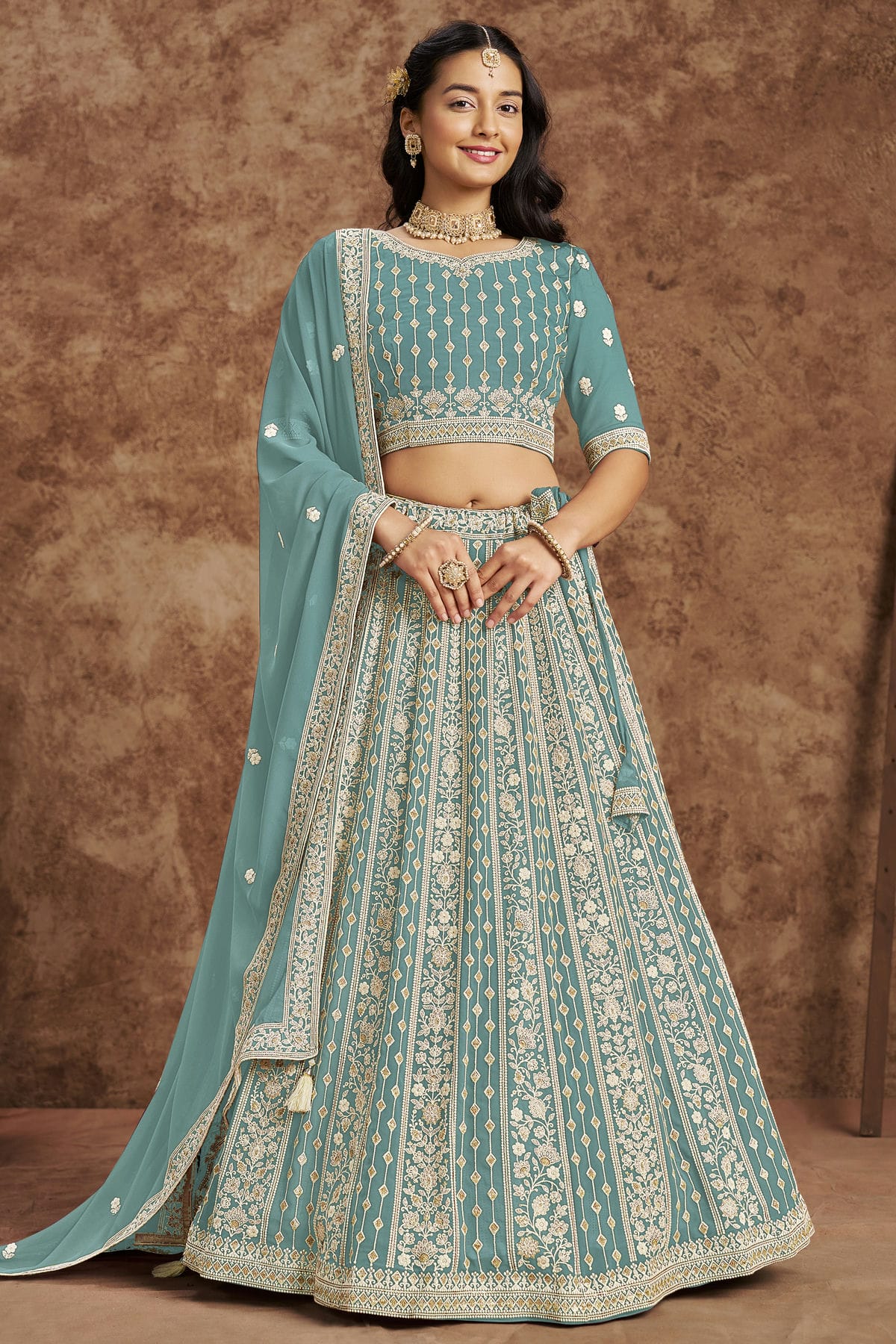 Sky Blue Colour Embroidery Lehenga Choli In Faux Georgette Fabric
