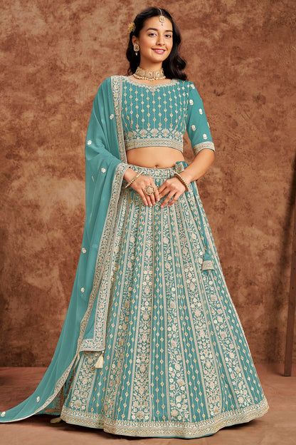 Sky Blue Colour Embroidery Lehenga Choli In Faux Georgette Fabric
