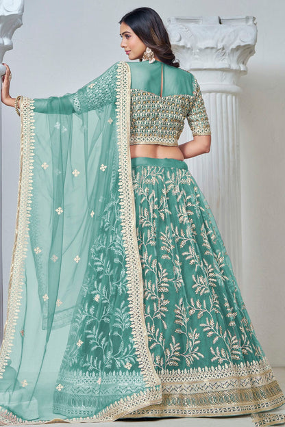 Sky Blue Colour Embroidery Lehenga Choli In Net Fabric