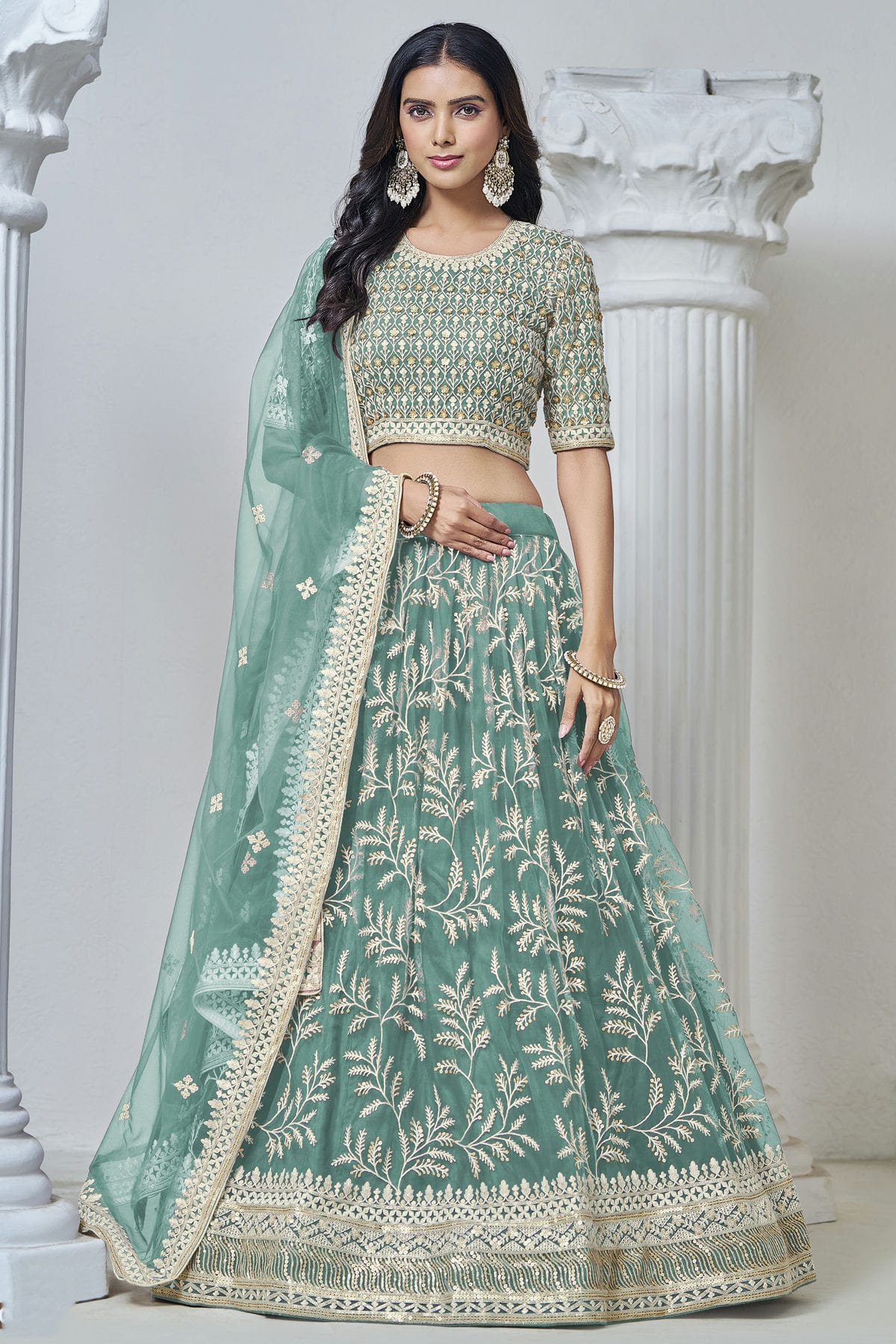 Sky Blue Colour Embroidery Lehenga Choli In Net Fabric