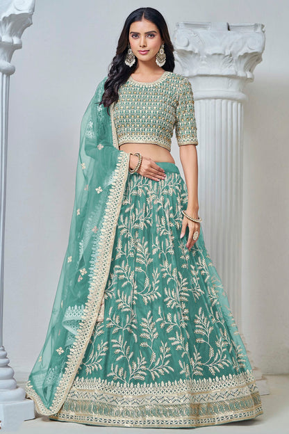 Sky Blue Colour Embroidery Lehenga Choli In Net Fabric