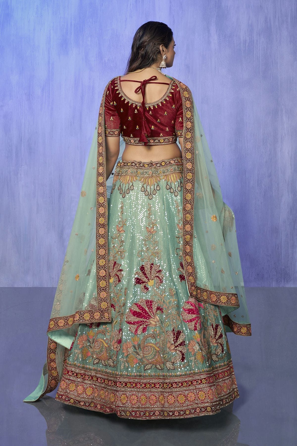 Sky Blue Colour Embroidery Velvet Lehenga Choli VSLD1080736