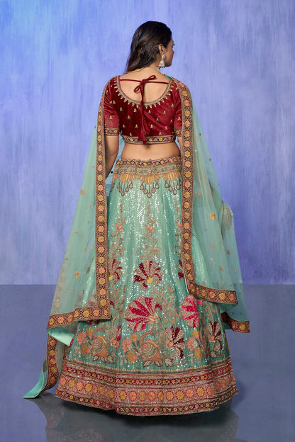 Sky Blue Colour Embroidery Velvet Lehenga Choli VSLD1080736