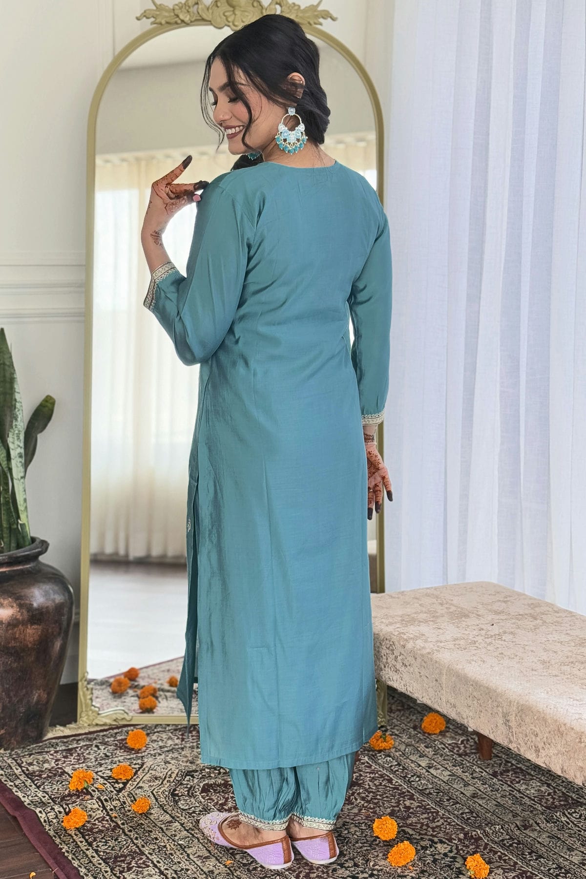 Sky Blue Colour Embroidery Viscose Chanderi Stitched Suit