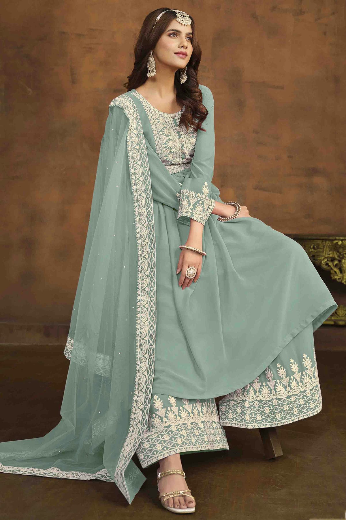 Sky Blue Colour Faux Georgette Palazzo Pant Suit VSSM1050730