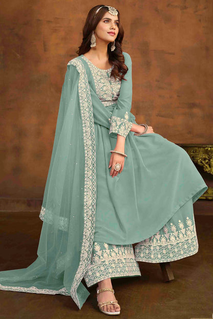 Sky Blue Colour Faux Georgette Palazzo Pant Suit VSSM1050730