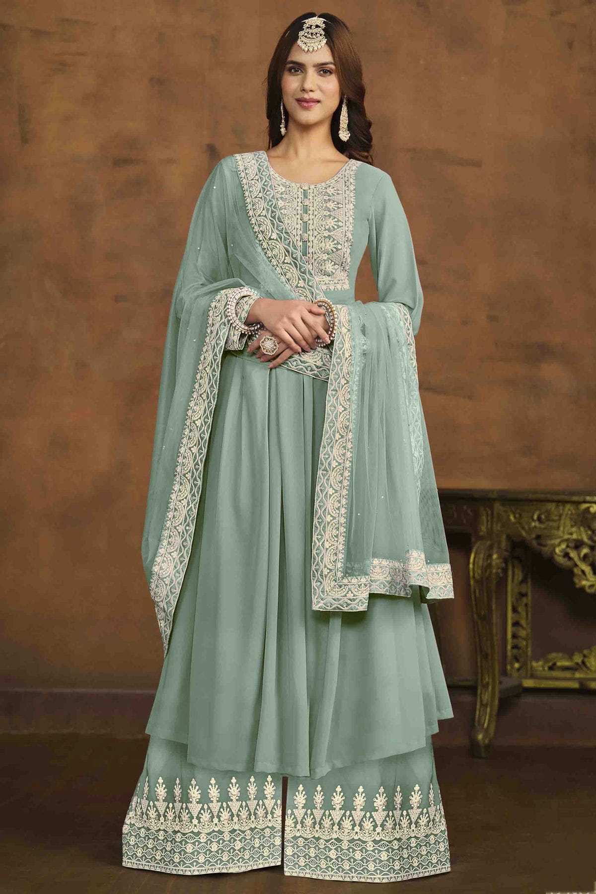 Sky Blue Colour Faux Georgette Palazzo Pant Suit VSSM1050730