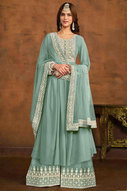 Sky Blue Colour Faux Georgette Palazzo Pant Suit VSSM1050730