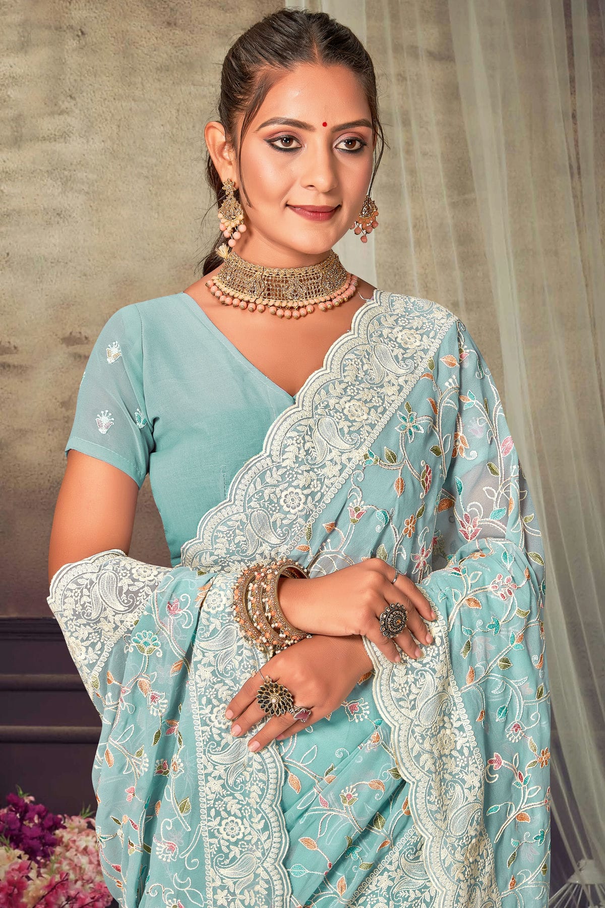 Sky Blue Colour Georgette Designer Saree VSLC1121559