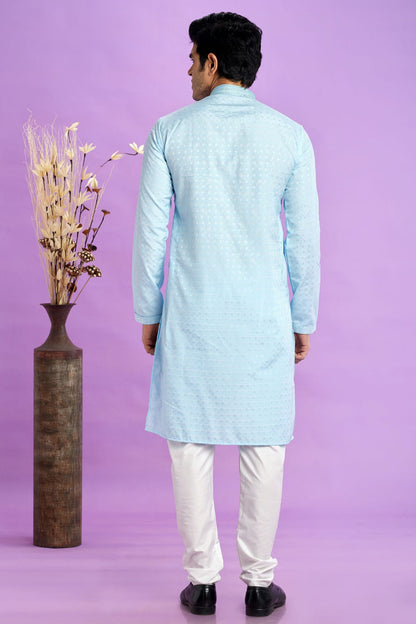 Sky Blue Colour Jacquard Art Silk Pintex Work Kurta Pajama VSKP1230200