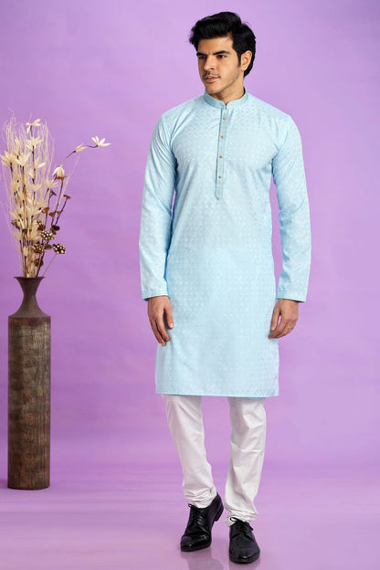 Sky Blue Colour Jacquard Art Silk Pintex Work Kurta Pajama