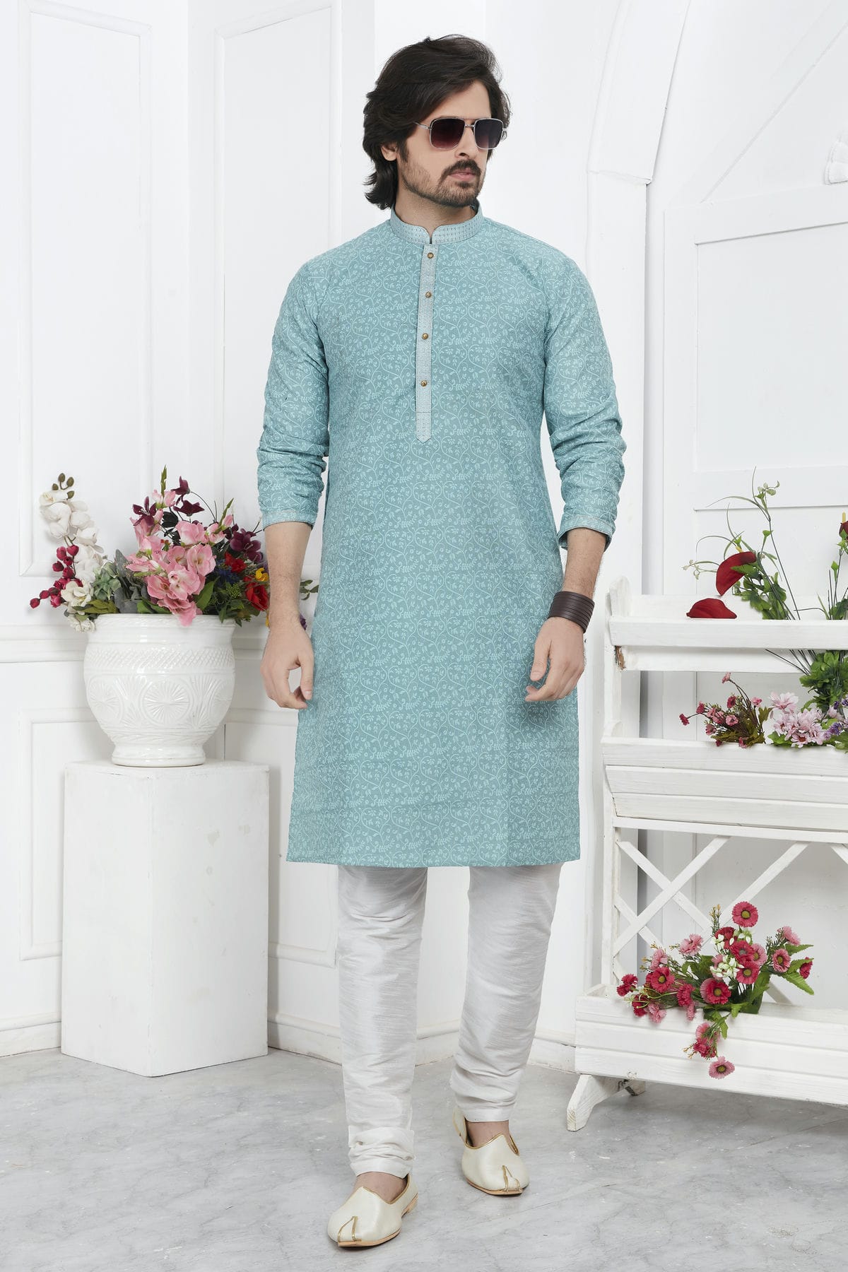 Sky Blue Colour Jacquard Silk Brocade Kurta Pajama VSKP1230210