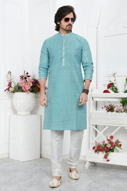 Sky Blue Colour Jacquard Silk Brocade Kurta Pajama VSKP1230210