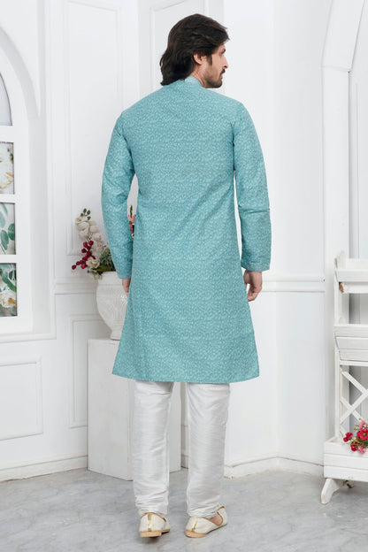 Sky Blue Colour Jacquard Silk Brocade Kurta Pajama VSKP1230210