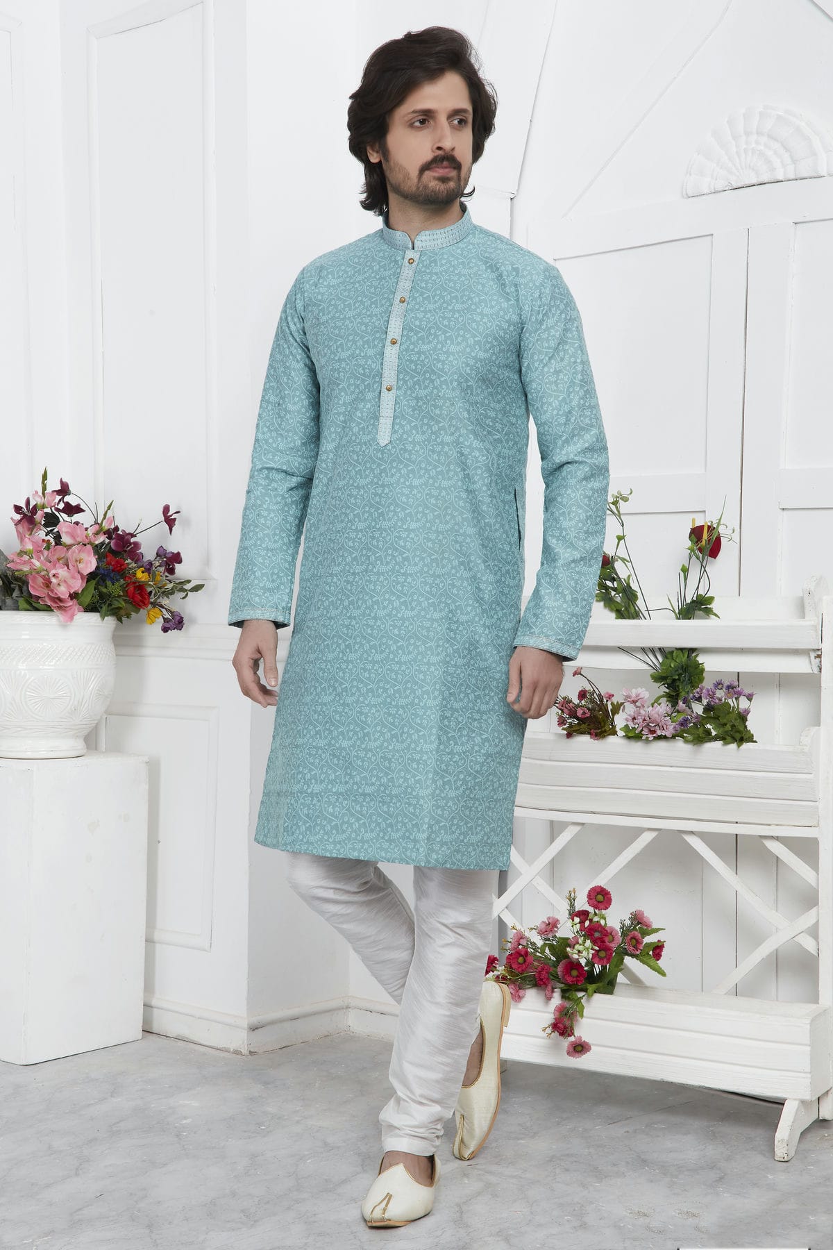 Sky Blue Colour Jacquard Silk Brocade Kurta Pajama