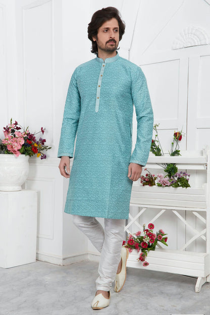 Sky Blue Colour Jacquard Silk Brocade Kurta Pajama